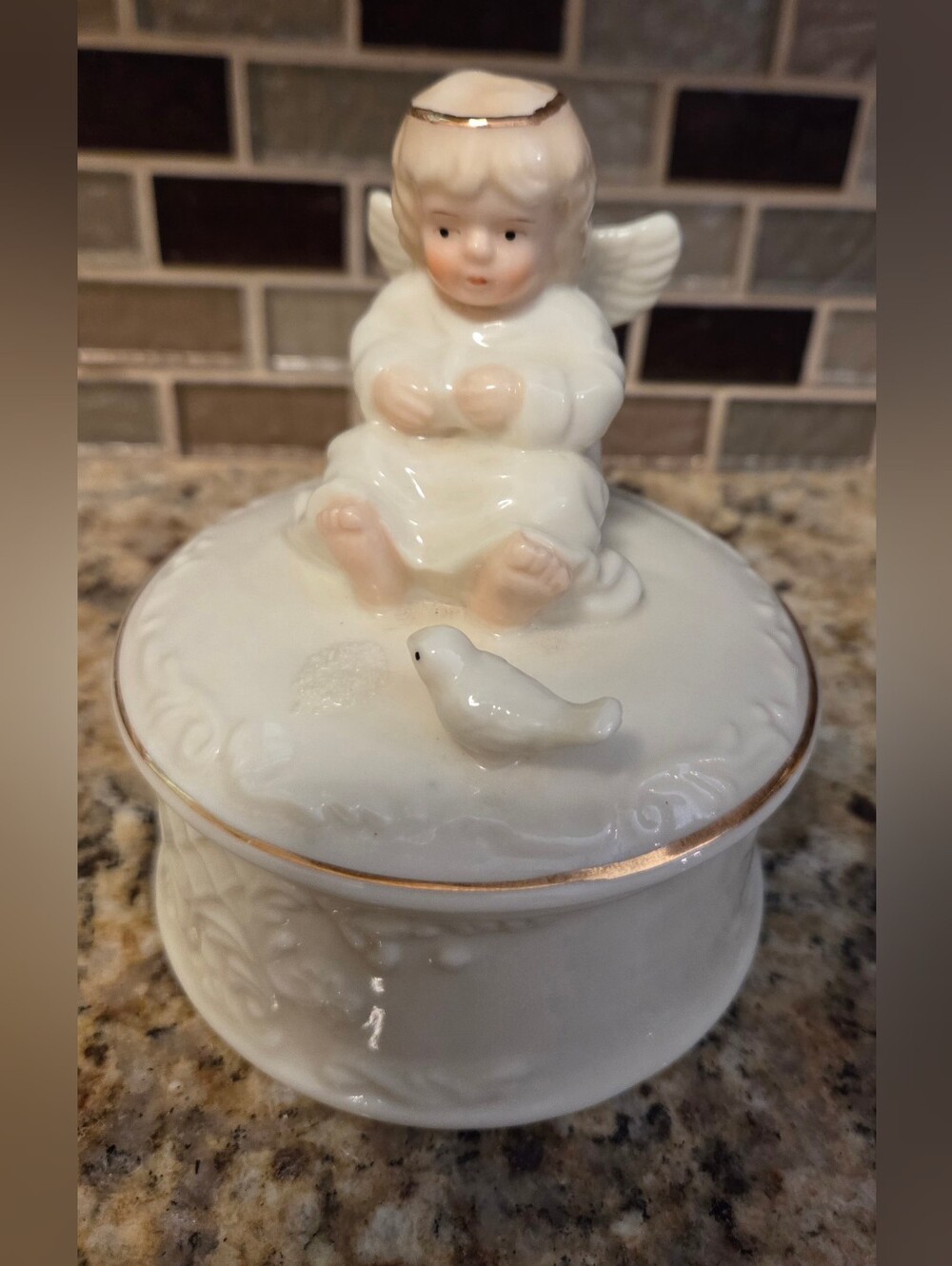 Enesco White Porcelain Angel Trinket Box with Gold Trim